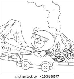 Vector cartoon of funny bear driving car in the junggle. Cartoon isolated vector illustration, Creative vector Childish design for kids activity colouring book or page.