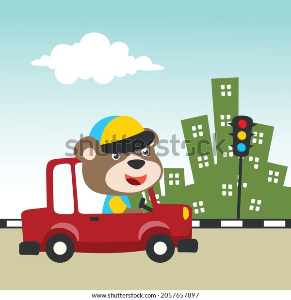Vector cartoon of\
funny bear driving car in the road. Can be used for t-shirt\
printing, children wear fashion designs, baby shower invitation\
cards and other\
decoration.