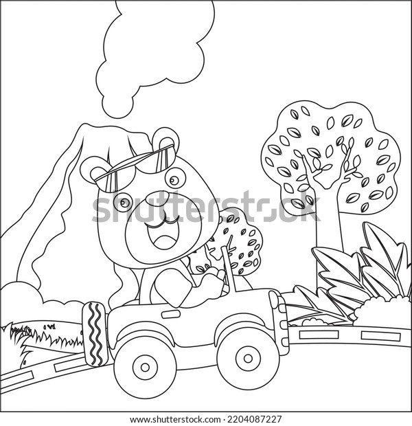 Vector cartoon of funny\
bear driving car in the junggle. Cartoon isolated vector\
illustration, Creative vector Childish design for kids activity\
colouring book or page.