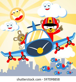 Vector cartoon of funny bear and mice on airplane, group of birds flying on buildings background, smiling skies object