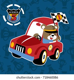 vector cartoon of funny bear on racing car holding finish flag with racing logo on trophy background pattern