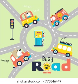 vector cartoon of funny bear on car, colorful vehicles in ring road with traffic element