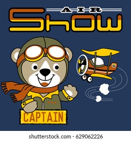vector cartoon of funny bear in pilot costume with vintage airplane