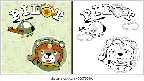 vector cartoon of funny bear in pilot costume with helicopter, coloring book or page