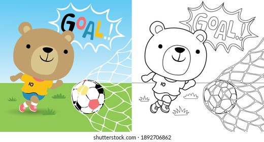 Vector cartoon of funny bear playing soccer, coloring book or page for kids