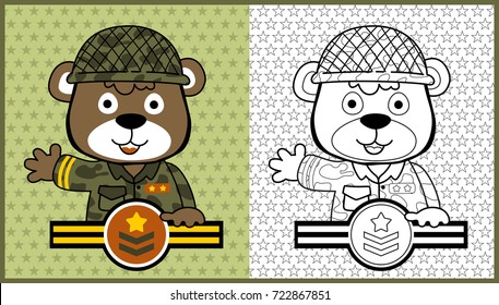 vector cartoon of funny bear soldier on star background pattern, coloring page or book