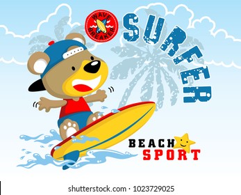 Vector cartoon of funny bear surfing, surfing element illustration