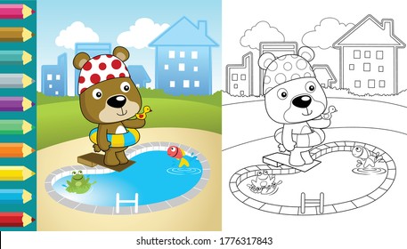 Caricatura de oso gracioso en la piscina con rana y peces en el fondo de la construcción, libro de colorear o página