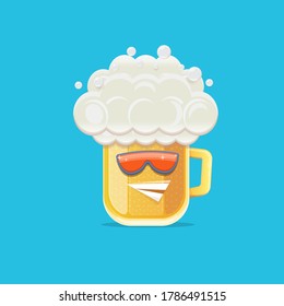 vector cartoon funny beer glass character with sunglasses isolated on blue background. funny beer label or poster design template. International beer day cartoon comic poster or greeting banner