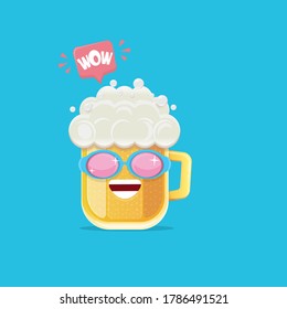vector cartoon funny beer glass character with sunglasses isolated on blue background. funny beer label or poster design template. International beer day cartoon comic poster or greeting banner