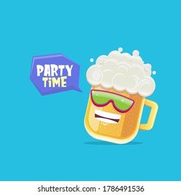 vector cartoon funny beer glass character with sunglasses isolated on blue background. funny beer label or poster design template. International beer day cartoon comic poster or greeting banner