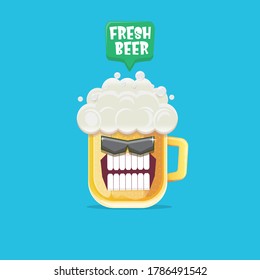 vector cartoon funny beer glass character with sunglasses isolated on blue background. funny beer label or poster design template. International beer day cartoon comic poster or greeting banner