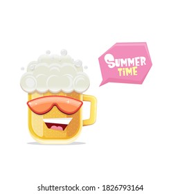 vector cartoon funny beer glass character with sunglasses isolated on white background. funny beer label or poster design template. International beer day cartoon comic poster or greeting banner