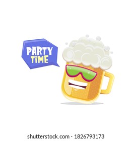 vector cartoon funny beer glass character with sunglasses isolated on white background. funny beer label or poster design template. International beer day cartoon comic poster or greeting banner