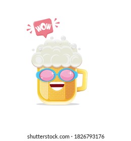 vector cartoon funny beer glass character with sunglasses isolated on white background. funny beer label or poster design template. International beer day cartoon comic poster or greeting banner