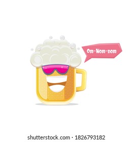 vector cartoon funny beer glass character with sunglasses isolated on white background. funny beer label or poster design template. International beer day cartoon comic poster or greeting banner