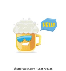 vector cartoon funny beer glass character with sunglasses isolated on white background. funny beer label or poster design template. International beer day cartoon comic poster or greeting banner