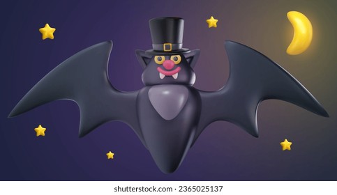 Caricatura vectorial murciélago negro divertido con sombrero de estilo 3d mínimo realista. Carácter creativo y delicado. Elemento de diseño festivo o juguete infantil suave. Ilustración brillante moderna.