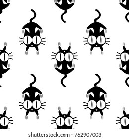 Vector of cartoon funny black cats seamless pattern. Black cat of  scratching animal black scratch scrape track. Cute cartoon character. 