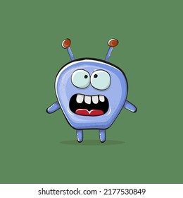 Vector cartoon funny blue alien monster isolated on green background. Smiling silly blue monster print sticker design template. Cute Ghost, troll, gremlin, goblin, devil and monster