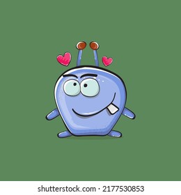 Vector cartoon funny blue alien monster isolated on green background. Smiling silly blue monster print sticker design template. Cute Ghost, troll, gremlin, goblin, devil and monster