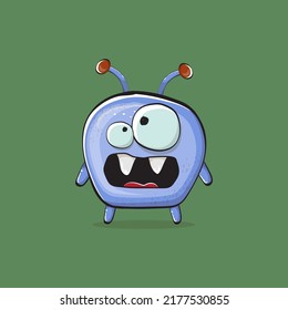 Vector cartoon funny blue alien monster isolated on green background. Smiling silly blue monster print sticker design template. Cute Ghost, troll, gremlin, goblin, devil and monster
