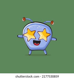 Vector cartoon funny blue alien monster isolated on green background. Smiling silly blue monster print sticker design template. Cute Ghost, troll, gremlin, goblin, devil and monster