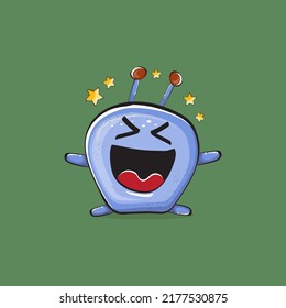 Vector cartoon funny blue alien monster isolated on green background. Smiling silly blue monster print sticker design template. Cute Ghost, troll, gremlin, goblin, devil and monster