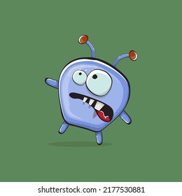 Vector cartoon funny blue alien monster isolated on green background. Smiling silly blue monster print sticker design template. Cute Ghost, troll, gremlin, goblin, devil and monster
