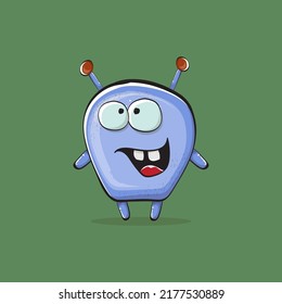 Vector cartoon funny blue alien monster isolated on green background. Smiling silly blue monster print sticker design template. Cute Ghost, troll, gremlin, goblin, devil and monster