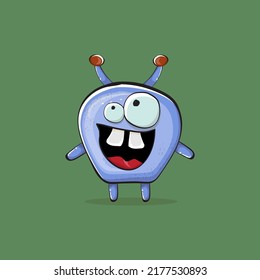 Vector cartoon funny blue alien monster isolated on green background. Smiling silly blue monster print sticker design template. Cute Ghost, troll, gremlin, goblin, devil and monster