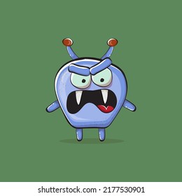 Vector cartoon funny blue alien monster isolated on green background. Smiling silly blue monster print sticker design template. Cute Ghost, troll, gremlin, goblin, devil and monster