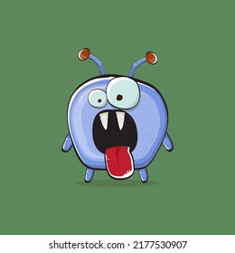 Vector cartoon funny blue alien monster isolated on green background. Smiling silly blue monster print sticker design template. Cute Ghost, troll, gremlin, goblin, devil and monster