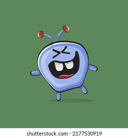 Vector cartoon funny blue alien monster isolated on green background. Smiling silly blue monster print sticker design template. Cute Ghost, troll, gremlin, goblin, devil and monster