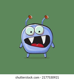 Vector cartoon funny blue alien monster isolated on green background. Smiling silly blue monster print sticker design template. Cute Ghost, troll, gremlin, goblin, devil and monster