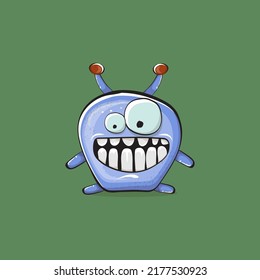 Vector cartoon funny blue alien monster isolated on green background. Smiling silly blue monster print sticker design template. Cute Ghost, troll, gremlin, goblin, devil and monster