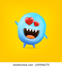 Vector cartoon funny blue alien monster with heart eyes isolated on orange background. Silly monster print sticker design template. Cute Ghost, troll, gremlin, goblin, devil and halloween monster