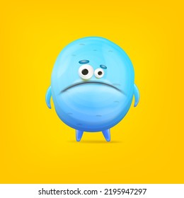 Vector cartoon funny blue alien monster isolated on orange background. Sad silly greenblue monster print sticker design template. Cute sad Ghost, troll, gremlin, goblin, devil and halloween monster