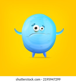 Vector cartoon funny blue alien monster isolated on orange background. Sad silly greenblue monster print sticker design template. Cute sad Ghost, troll, gremlin, goblin, devil and halloween monster
