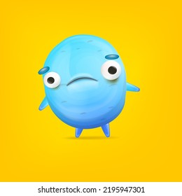 Vector cartoon funny blue alien monster isolated on orange background. Sad silly greenblue monster print sticker design template. Cute sad Ghost, troll, gremlin, goblin, devil and halloween monster