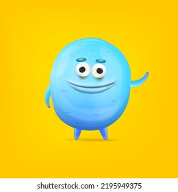 Vector cartoon funny blue alien monster isolated on orange background. Smiling silly blue monster print sticker design template. Cute Ghost, troll, gremlin, goblin, devil and halloween monster