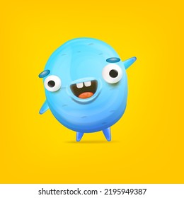 Vector cartoon funny blue alien monster isolated on orange background. Smiling silly blue monster print sticker design template. Cute Ghost, troll, gremlin, goblin, devil and halloween monster