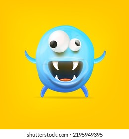 Vector cartoon funny blue alien monster isolated on orange background. Smiling silly blue monster print sticker design template. Cute Ghost, troll, gremlin, goblin, devil and halloween monster