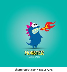 Vector cartoon funny blue dragon. Cartoon cute comic funky monster Dinosaur logo design template.