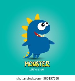 Vector cartoon funny blue dragon. Cartoon cute comic funky monster Dinosaur logo design template.