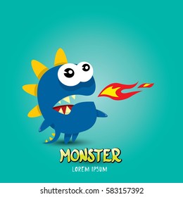 Vector cartoon funny blue dragon. Cartoon cute comic funky monster Dinosaur logo design template.