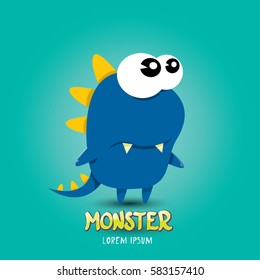 Vector cartoon funny blue dragon. Cartoon cute comic funky monster Dinosaur logo design template.