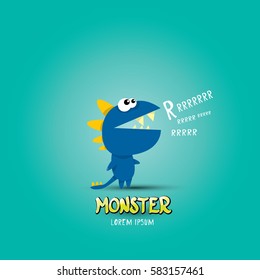 Vector cartoon funny blue dragon. Cartoon cute comic funky monster Dinosaur logo design template.