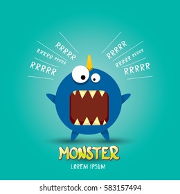 Vector Cartoon Funny Blue Dragon. Cartoon Cute Comic Funky Monster Dinosaur Logo Design Template.