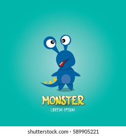 Vector cartoon funny blue dragon. Cartoon cute comic funky monster Dinosaur logo design template.